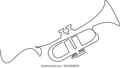 Um desenho de linha de design de trompete. Instrumento de música clássica. estilo simples contorno contínuo, Um único desenho de linha de trombone baixo de luxo. Estilo de instrumentos de música de vento. Ilustração de vetor