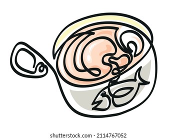 One line drawing of tuna can
One continuous line drawing of seafood with the lid pulled back