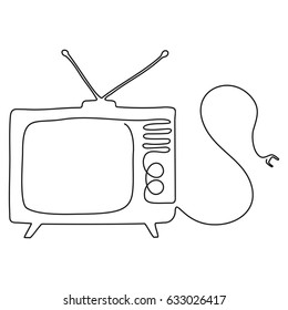 One line drawing of TV. Black image isolated on white background.