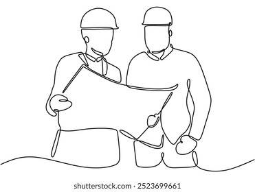 Un dibujo de línea de dos ingenieros discutiendo. Simbolizando la colaboración y la resolución de problemas en ingeniería. Ilustración vectorial.