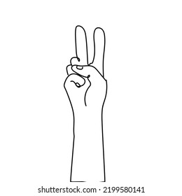 One line drawing two finger gesture peace symbols. Can also mean the number two learn to count. Vector illustration of a continuous line drawing design graphic.