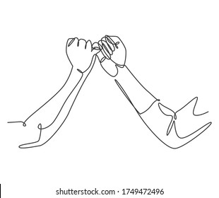 One line drawing of two hands hook each other their little fingers. Friendship bond in continuous line drawing design style. Promise concept vector graphic illustration