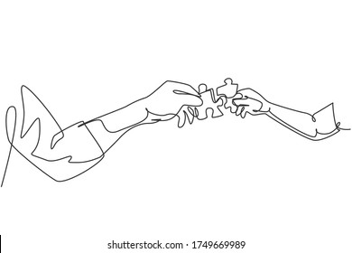 One line drawing of two hands holding puzzle pieces and want to merge together. Father or mother and son teamwork to build super family. Continuous line draw design, vector illustration graphic