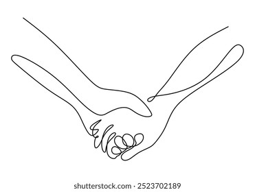 One line drawing of two hands intertwined. A minimalist representation of togetherness and support. Vector illustration.