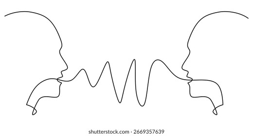 Dibujo de una línea de dos cabezas enfrentadas. Arte lineal continuo simple para conversación, diálogo y conceptos significativos de comunicación humana. Ilustración vectorial aislada sobre fondo blanco.