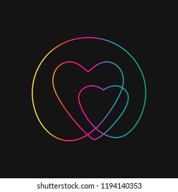 Dibujo de una línea de dos corazones dentro del círculo, colores del arcoiris sobre el fondo negro vector ilustración lineal minimalista del concepto de familia y amor hecho de línea continua