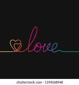 One line drawing of two hearts and word LOVE, Rainbow colors on black background vector minimalistic linear illustration of love concept made of continuous line