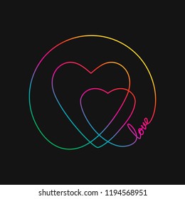 One line drawing of two hearts and word LOVE, Rainbow colors on black background vector minimalistic linear illustration of love concept made of continuous line