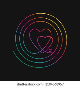 One line drawing of two hearts inside spiral, Rainbow colors on black background vector minimalistic linear illustration of love and life concept made of continuous line