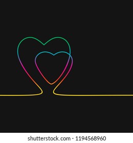 One line drawing of two hearts, Rainbow colors on black background vector minimalistic linear illustration of family and love concept made of continuous line