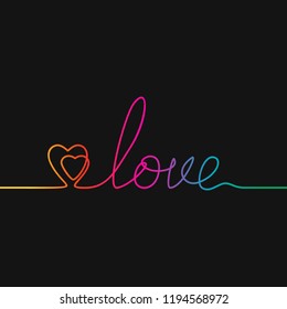 One line drawing of two hearts and word LOVE, Rainbow colors on black background vector minimalistic linear illustration of love concept made of continuous line