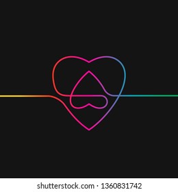 One line drawing of two hearts - small inside big upside down, Rainbow colors on black background vector minimalistic linear illustration of love concept made of continuous line