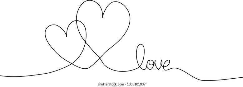 One line drawing of two hearts embracing with lettering text. Minimalism design. Vector illustration.