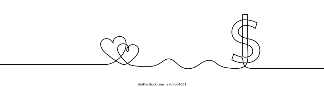 Un dibujo de línea de dos corazones y un signo de dólar. Conexión entre el amor y el dinero en estilo de línea continua. Ilustración vectorial.