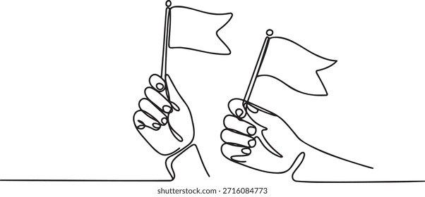 Un dibujo de línea de dos manos humanas levantando banderas en un gesto de celebración. Esta obra de arte minimalista captura la esencia del logro de metas y triunfos, perfecto para temas relacionados con el éxito, la competencia y el orgullo nacional. El trazo continuo crea una estética limpia y moderna.