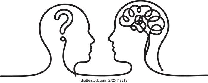 Dibujo de una línea de dos cabezas humanas enfrentadas. Una cabeza presenta un signo de interrogación, que simboliza la indagación o la confusión, mientras que la otra muestra un cerebro intrincado, que representa el pensamiento o la comprensión. Concepto de diálogo, resolución de problemas, intercambio intelectual y comunicación. Diseño Abstractas que ilustra los procesos mentales y la interacción.