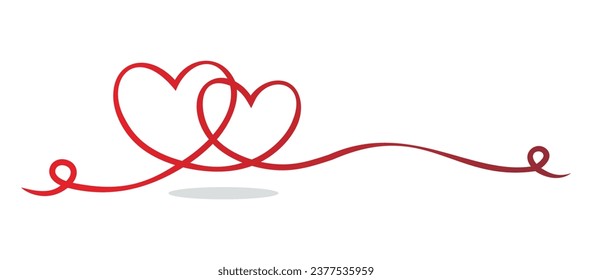 One line drawing of two linked hearts with copy space. Artistic two red hearts icon with negative space. Hand drawing hearts.