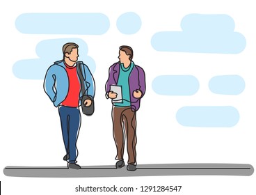 one line drawing of two men walking and talking