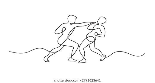 One line drawing of two men fighting. Continuous line of physical confrontation movement. Conflict concept. single line art vector illustration.