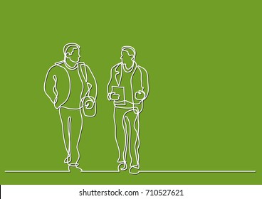 one line drawing of two men walking and talking