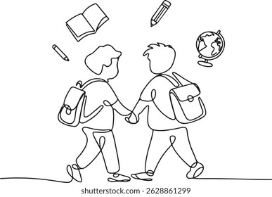 One line drawing of two school children walking together with backpacks, holding hands, surrounded by floating book, pencil, and globe icons

