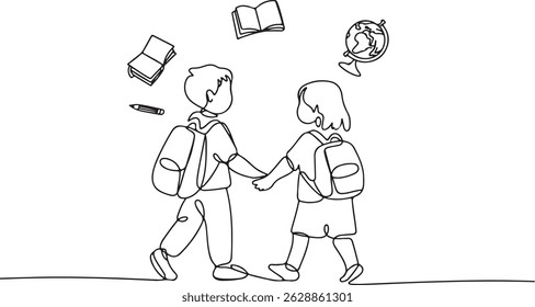 One line drawing of two school children walking together with backpacks, holding hands, surrounded by floating book, pencil, and globe icons

