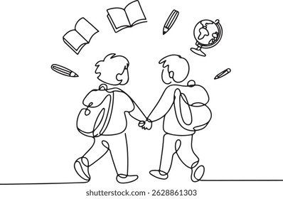 One line drawing of two school children walking together with backpacks, holding hands, surrounded by floating book, pencil, and globe icons

