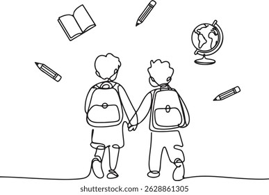 One line drawing of two school children walking together with backpacks, holding hands, surrounded by floating book, pencil, and globe icons

