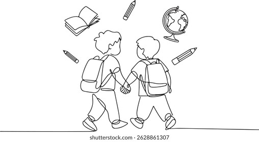 One line drawing of two school children walking together with backpacks, holding hands, surrounded by floating book, pencil, and globe icons

