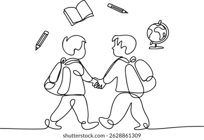 One line drawing of two school children walking together with backpacks, holding hands, surrounded by floating book, pencil, and globe icons

