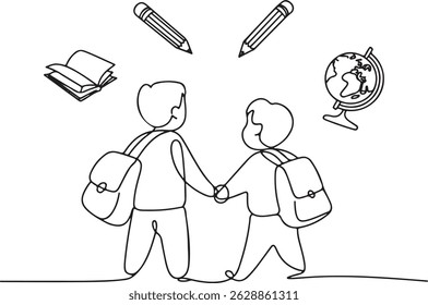 One line drawing of two school children walking together with backpacks, holding hands, surrounded by floating book, pencil, and globe icons

