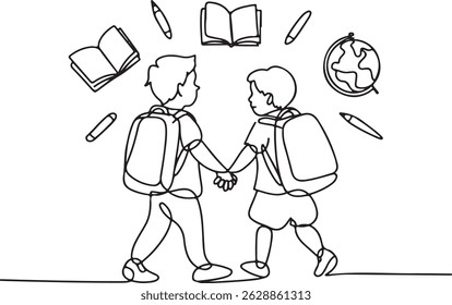 One line drawing of two school children walking together with backpacks, holding hands, surrounded by floating book, pencil, and globe icons


