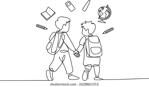 One line drawing of two school children walking together with backpacks, holding hands, surrounded by floating book, pencil, and globe icons

