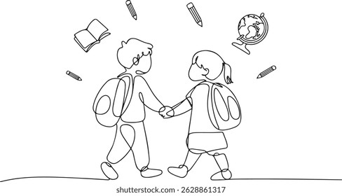 One line drawing of two school children walking together with backpacks, holding hands, surrounded by floating book, pencil, and globe icons

