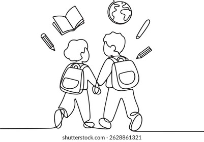 One line drawing of two school children walking together with backpacks, holding hands, surrounded by floating book, pencil, and globe icons

