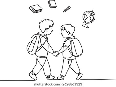 One line drawing of two school children walking together with backpacks, holding hands, surrounded by floating book, pencil, and globe icons

