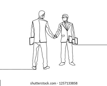 One line drawing of two young business owner colleagues shaking their hands to agree an agreement. Continuous line drawing of deal business concept. Vector illustration design