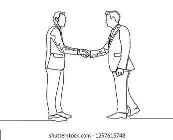 One line drawing of two young happy businessmen in suitcase shaking hand and agree to deal a project. Single line drawing of business concept. Vector illustration graphic