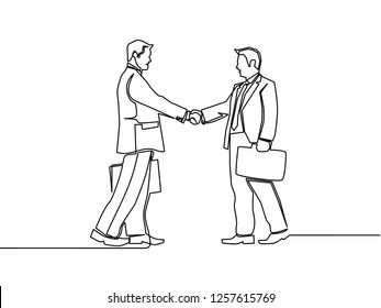 One line drawing of two young happy businessmen shaking hand and agree to run a project. Single line drawing of deal business concept. Vector illustration graphic