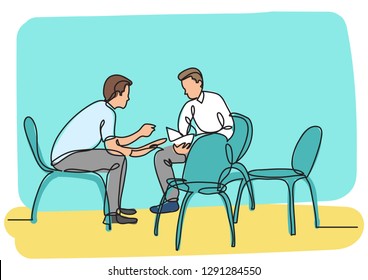 one line drawing of two young men talking