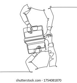 One line drawing of two young happy business partner giving high five gesture above their laptop and business contract. Business deal concept continuous line draw design vector graphic illustration