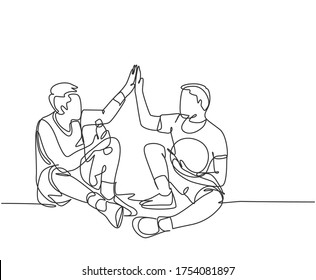 One line drawing of two young happy men take a rest after playing basketball at court and giving high five gesture. Sport game concept continuous line draw graphic design vector illustration