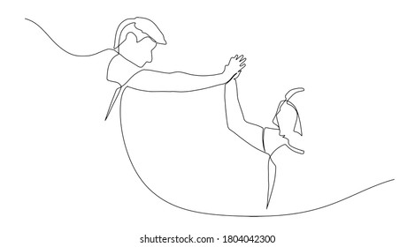 One line drawing of two young happy businessmen celebrating their successive goal with high five gesture together. Business deal concept continuous line draw design graphic vector illustration.