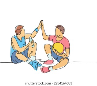 One line drawing of two young happy men take a rest after playing basketball at court and giving high five gesture. Sport game concept continuous line draw graphic design vector illustration