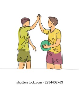 One line drawing of two young happy man playing basket ball on outfield court and giving high five gesture. Healthy sport lifestyle concept. continuous line draw design graphic illustration