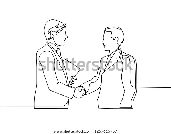 2人の若い実業家が 合意を取り決めるために集まり 握手を交わした1行の絵 1行のビジネスコンセプト ベクターイラスト デザイン のベクター画像素材 ロイヤリティフリー