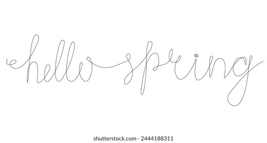Una cita tipográfica de dibujo de línea Hola Primavera. Frase sobre boceto lineal negro minimalista aislado sobre fondo blanco. Ilustración vectorial.