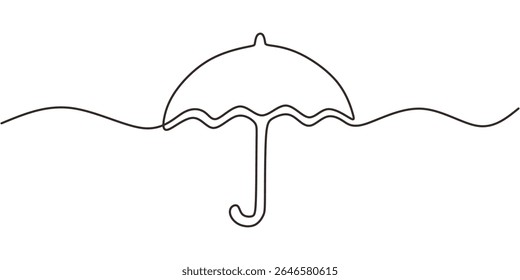 Um desenho de linha de um guarda-chuva. Um ícone minimalista de proteção e abrigo, ótimo para um aplicativo meteorológico ou logotipo da companhia de seguros.