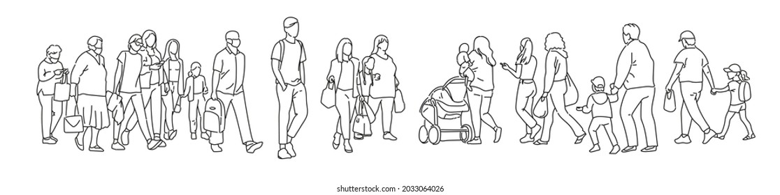One line drawing urban residents walking city street  Group different people walking city background  Casual townspeople crosses the road in one way hand drawn vector illustration