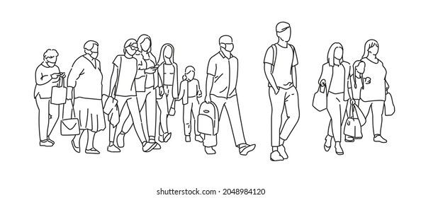 Dibujo de una línea de residentes urbanos caminando por la calle de la ciudad. Grupo de diferentes personas caminando por el fondo de la ciudad. Ciudadanos casuales cruzan la carretera de una forma ilustración vectorial dibujada a mano